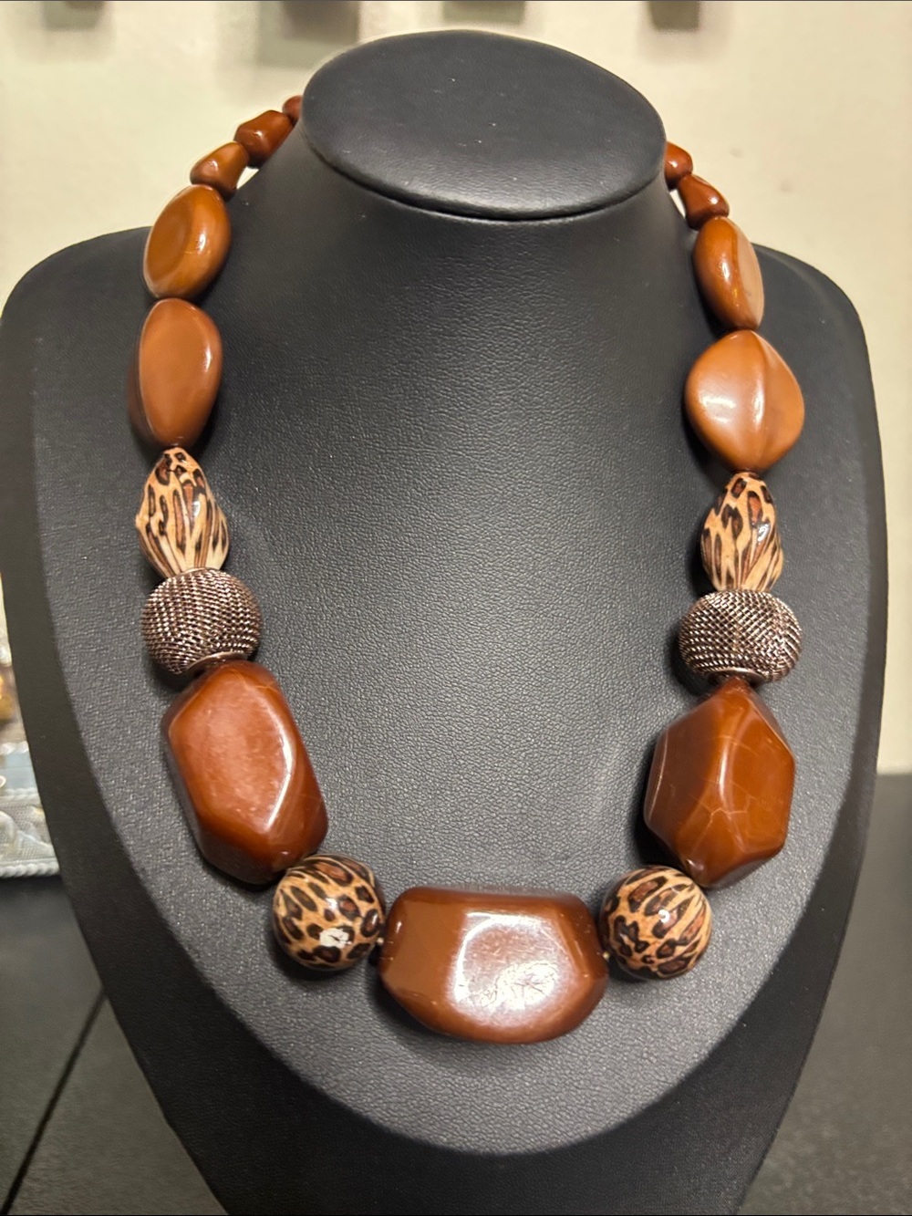 Brown Statement Acrylic Animal Print Beaded Necklace Chunky